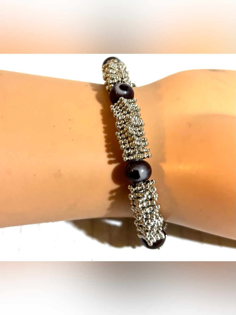 Silver Beaded Bracelet with Dark Brown Beads
